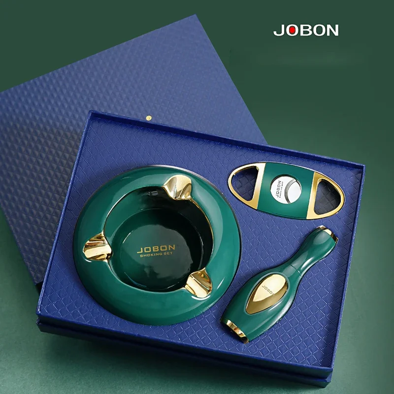 

JOBON Cigar Special 3-piece Set Metal Outdoor Windproof Blue Flame Lighter Ceramic Ashtray Sharp Cigar Cutter Men's Gift