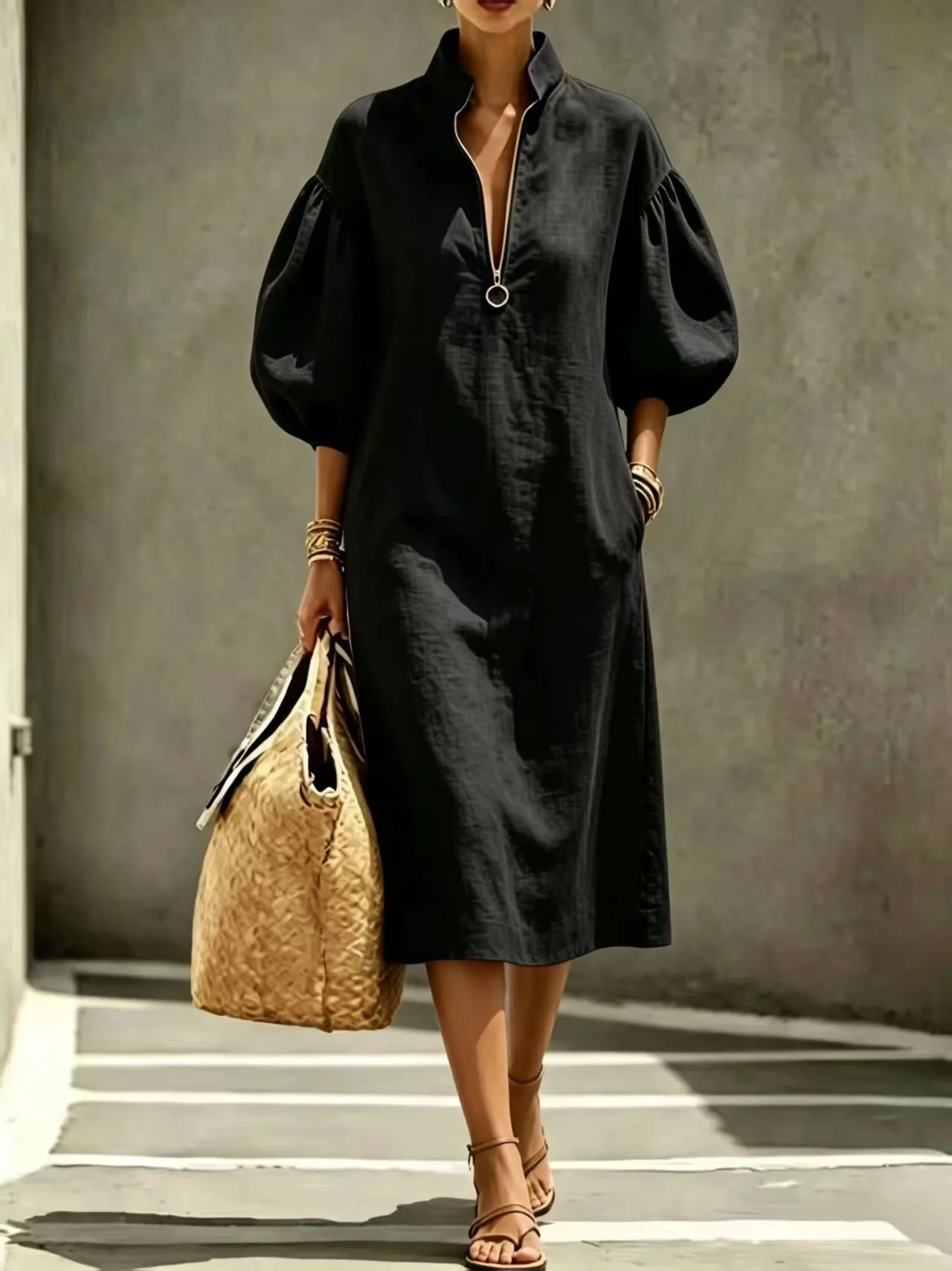 Women's Solid Color Dress Loose Fit Stand Collar Bubble Sleeve Half-Zip Dress Fashion Casual Pocket Long Dresses New In view 6