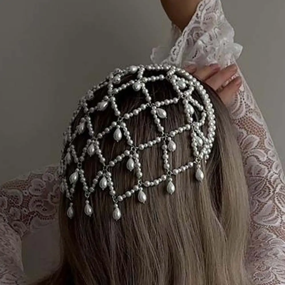 

Bar Mitzvah Crown Grid Hair Band Net Shape Hair Hoop Pearl Princess Hair Band Korean Style Alloy Bride Tiaras Hair Jewelry