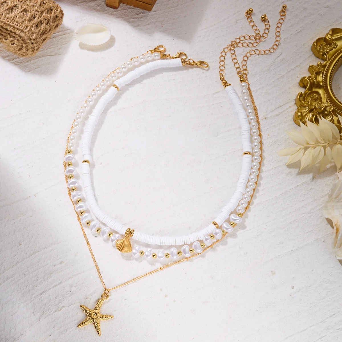 Mehrlagige Halskette mit imitierten Perlen, Herzanhänger aus weichem Ton, Muschel- und Seesternanhänger für Damen und Herren, Sommer-Muschel-Choker, Schmuckgeschenk – Detail 10