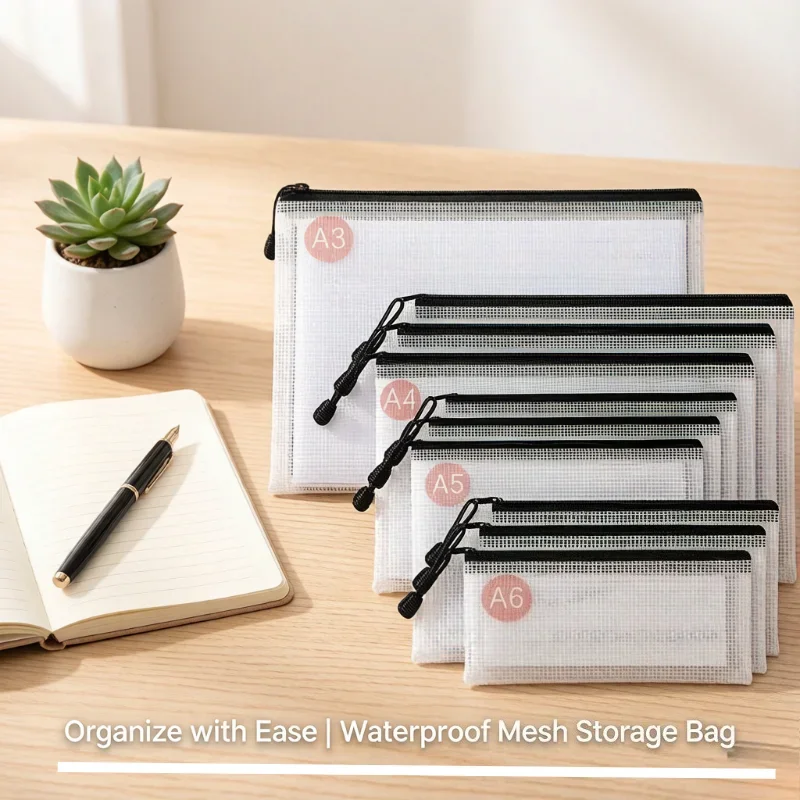 1Pc Waterproof Mesh Zipper Bag A3/A4/A5/A6 Document File Folder Pouch for Office School Travel Makeup Storage