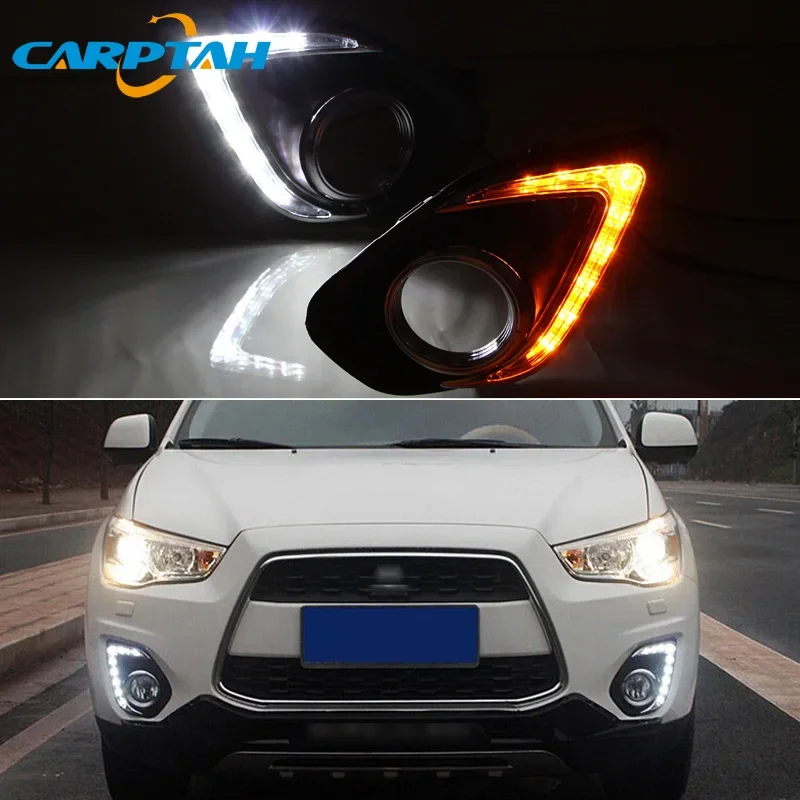 Car LED DRL Daylights For Mitsubishi ASX RVR 2013 - 2015 Yellow Turn Signal Daytime Running Headlamps Auto Driving Lamp Foglamps