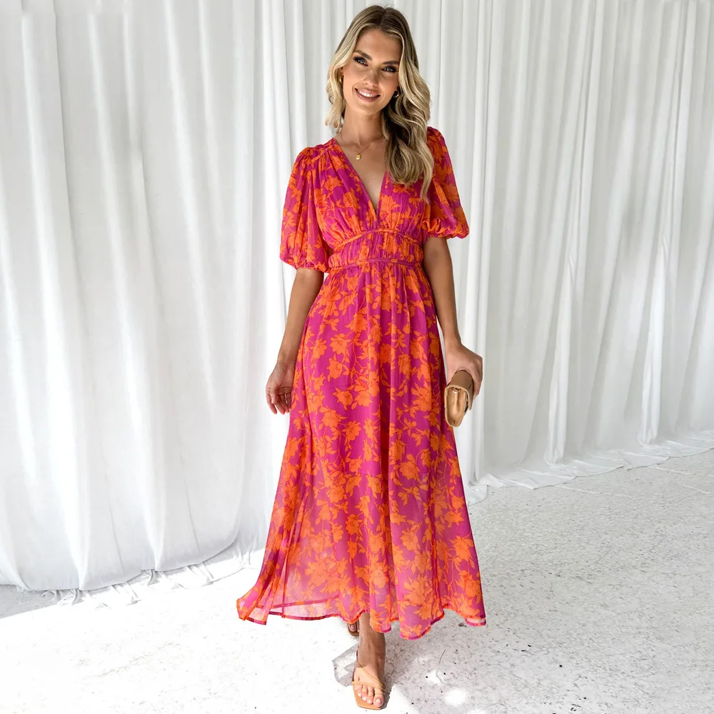 

Fashion Printed Zipper Puff Sleeve Dress Women Summer Waistband Bohemian V-neck Dress For Women 2025