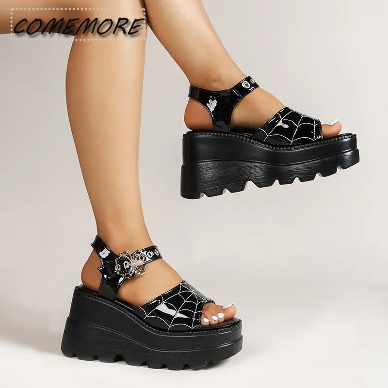 Summer New Large Size Women\'s Thick Sole Sandals Gothic Punk Design Ladies Shoes Roman Sandals Wedge Heels Fashion 2024 Black PU