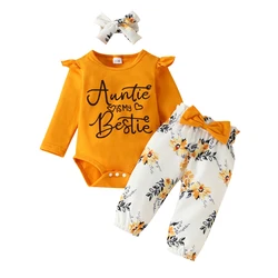 Conjunto de 3 piezas para bebé recién nacido, mono con lazo estampado, pantalones con diadema, ropa para bebé de 0 a 18 meses