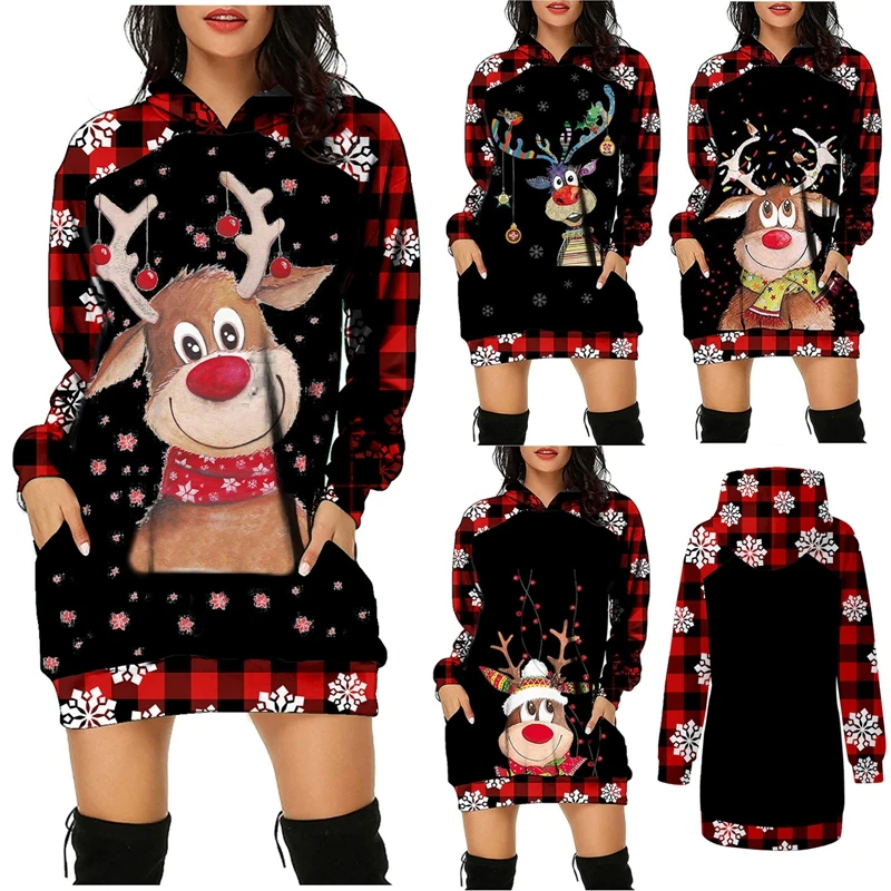 

Christmas Women Long Sleeve Hoodies Cartoon Deer Snowflake Print Plaid Sweatshirt Autumn Wrapped Hip Hooded Dresses