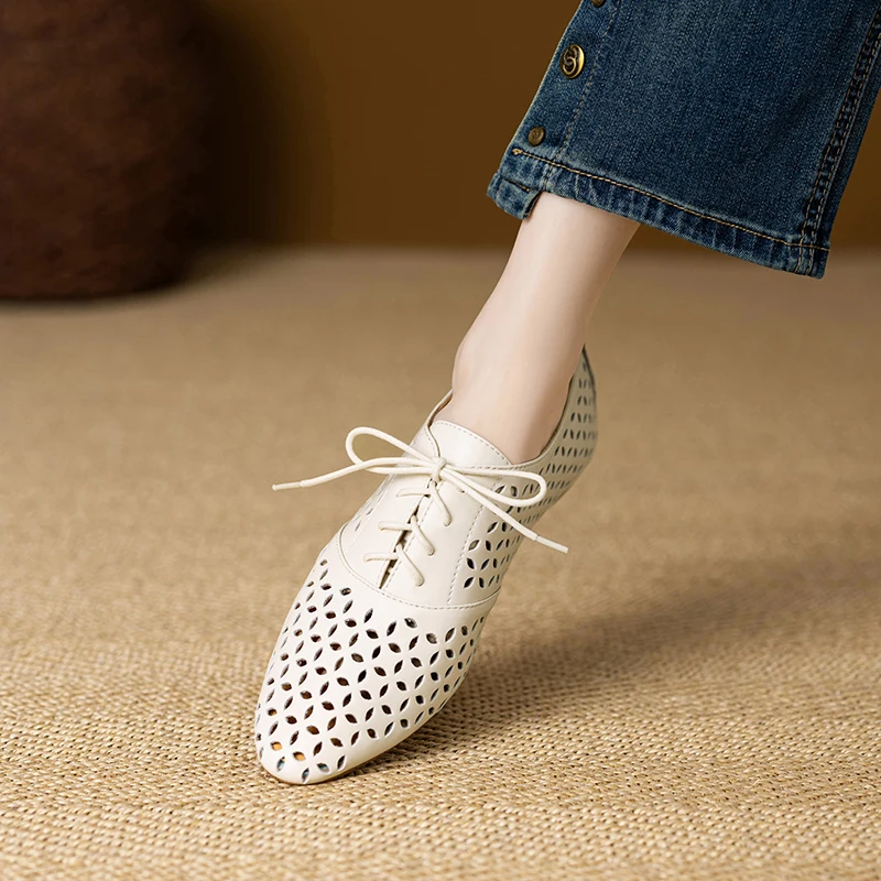 

2025 Summer New Women Flat Shoes Round Toe Hollow Out Basic Casual Working Comfortable Soft Genuine Leather Shoes Woman Concise