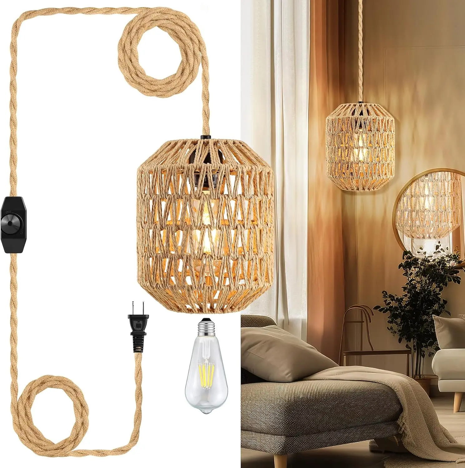 

Dimmable Rattan Pendant Light, 15FT Hemp Cord, Plug In Hanging Lamp for Kitchen Dining Room