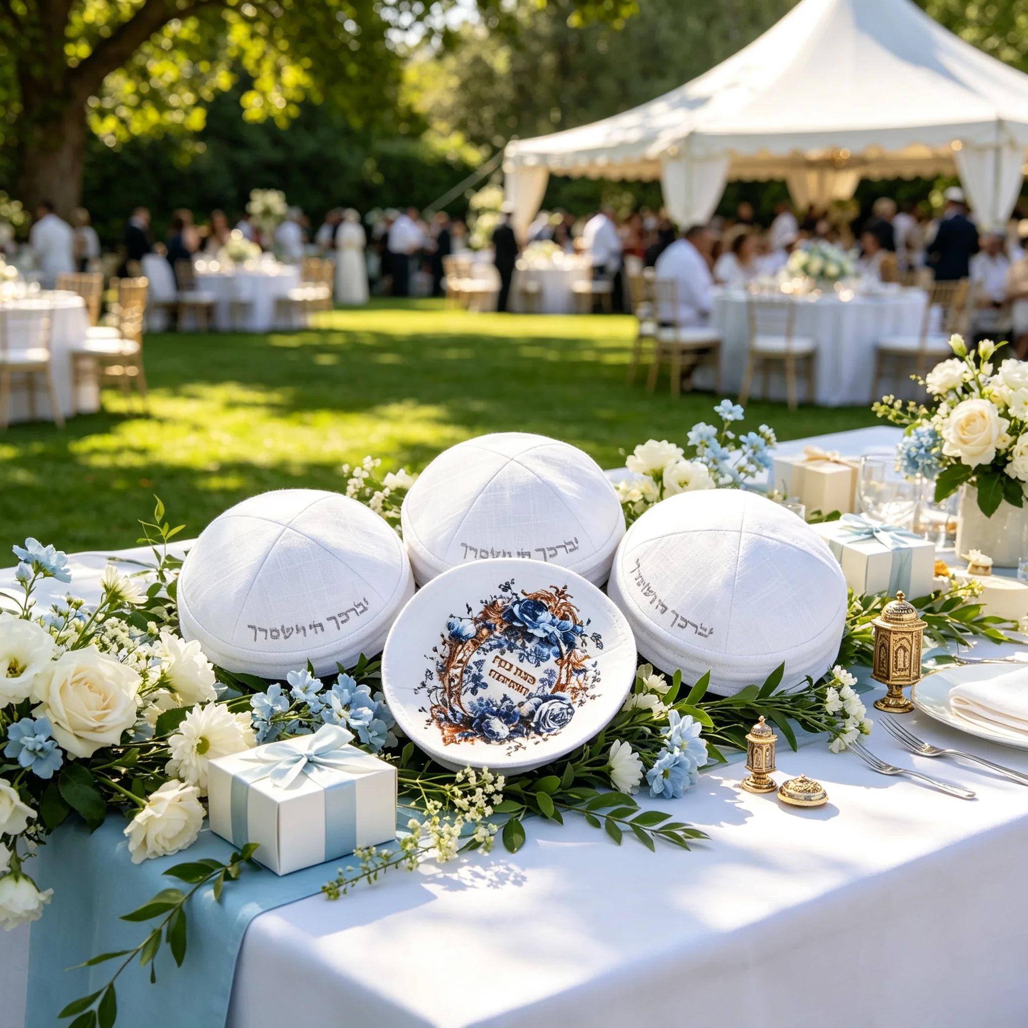 Classic Natural Linen Kippah, Custom Embroidered & Digital Printed Jewish Yarmulke, Perfect for Weddings,כיפות