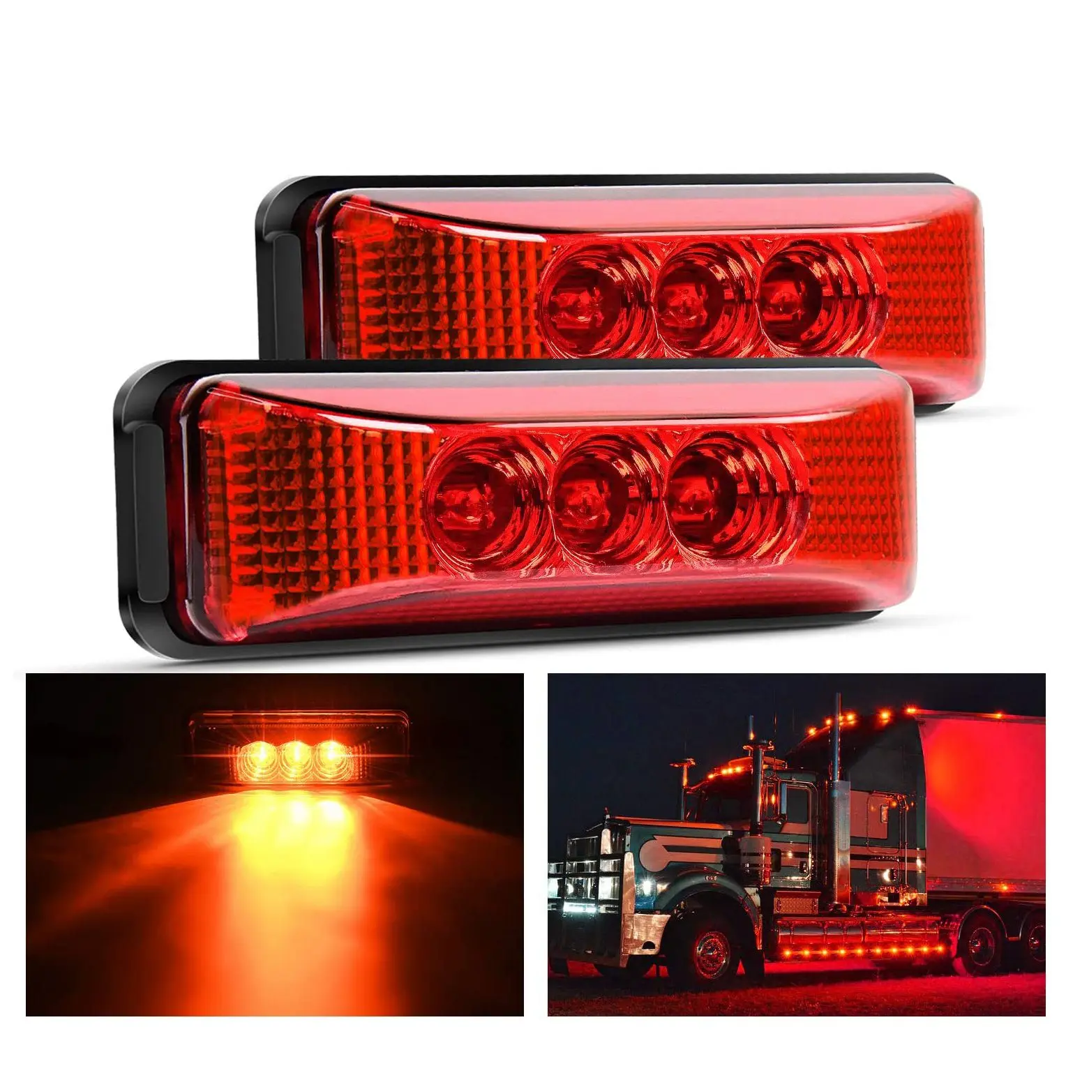 2PCS 24V 3.9Inch 3 LED Truck Trailer Red Light Front Rear LED Side Marker Lights Clearance Indicator Lamp