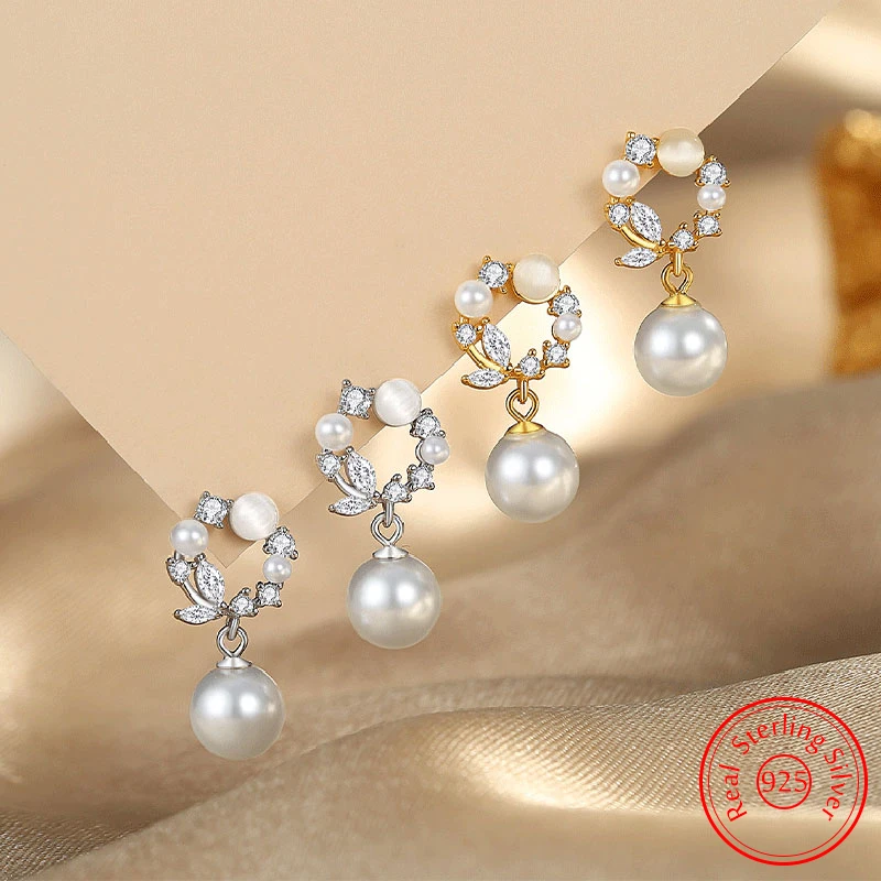 

Pure 925 Sterling Silver New Jewelry Crystal Pearl Leaf Stud Earrings For Ladies Fashion XY0546