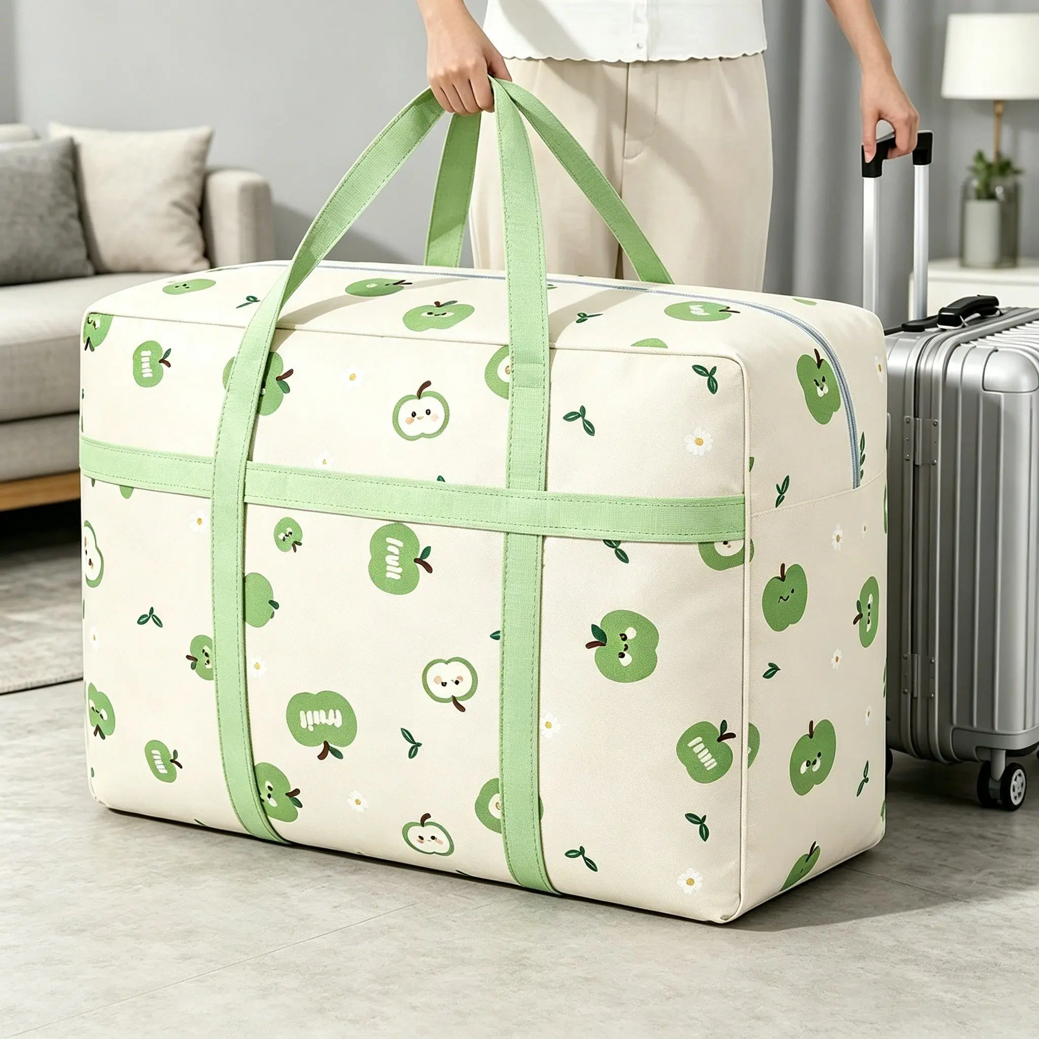 1pc Large Capacity Cute Green Apple Print Moving Storage Bag, Zipper Organizer for Clothes & Quilts, Reinforced Handles Portable