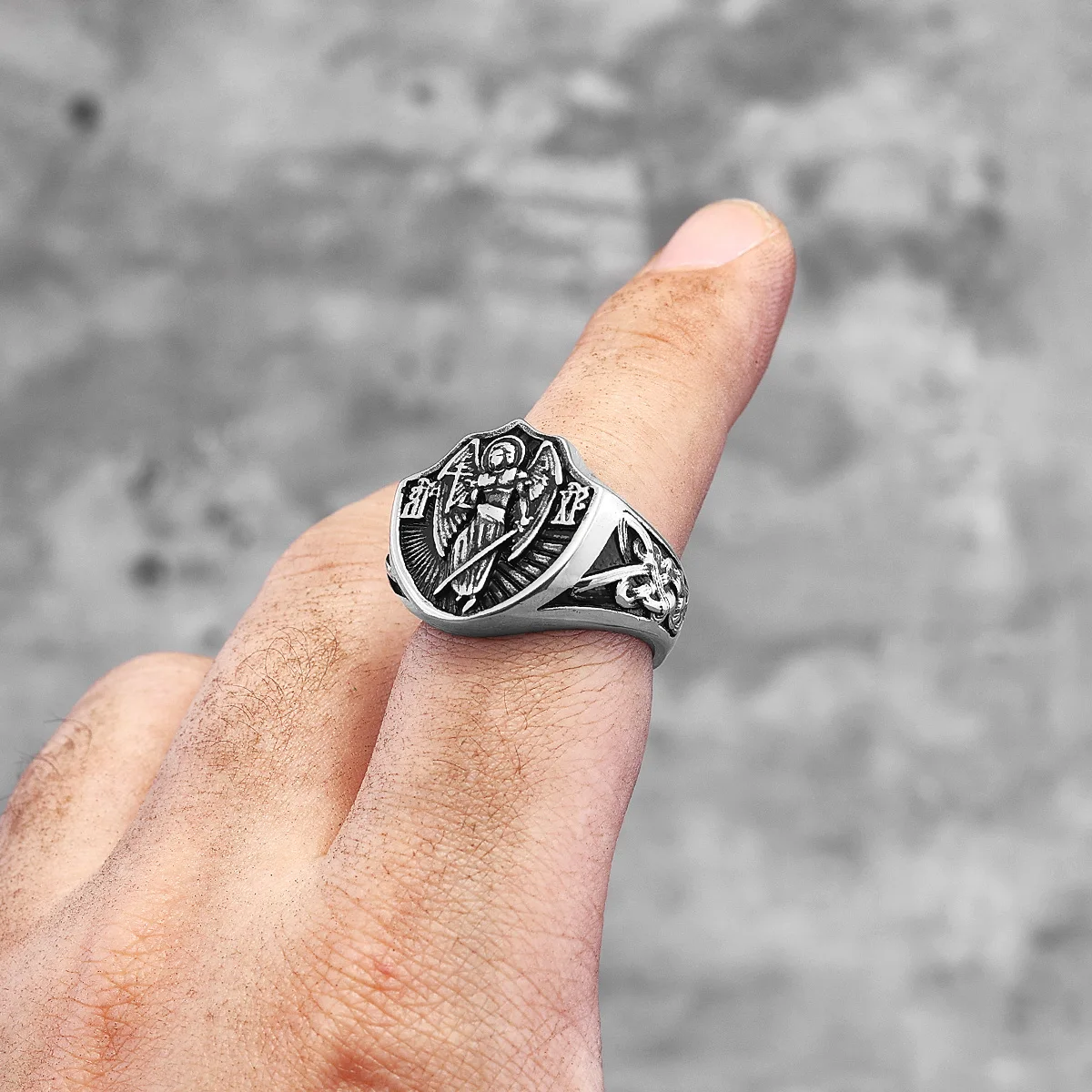 Archangel St.Michael Religion Amulet Stainless Steel Mens Rings Punk for Male Boyfriend Biker Jewelry Creativity Gift Wholesale