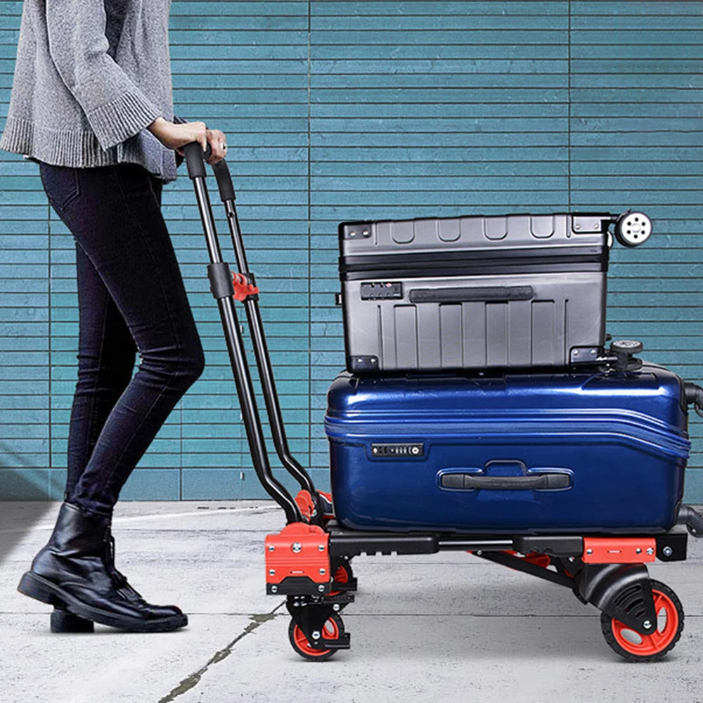 2 In 1 Folding Hand Truck  Aluminum Lightweight Platform Cart Portable Telescopic Utility Dolly Bearing 150kg for Moving Things