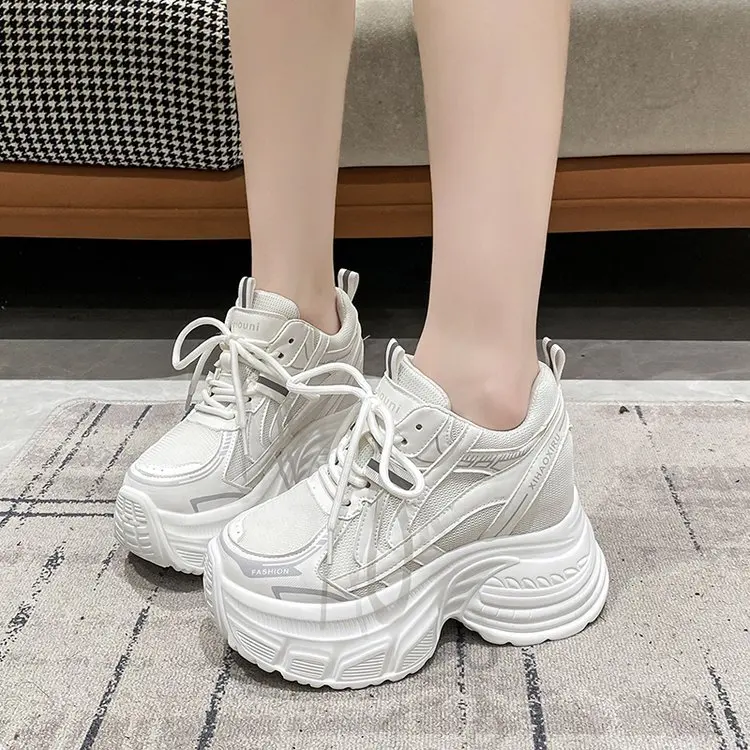 10 centimetri Air Mesh Genuino Cuoio DELL'UNITÀ di elaborazione Delle Donne Skate Boarding Tacchi di Alta Marca Casual Scarpe Vulcanizzate Della Piattaforma Della Cuneo Estate Autunno scarpa