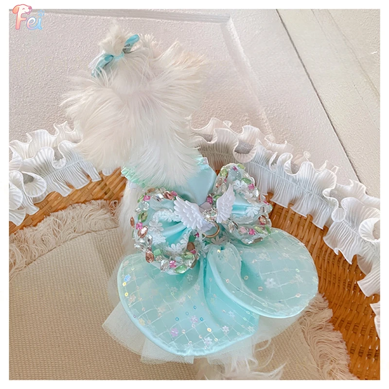 

Cute Flower Wing Bow Puppy Dog Clothing Summer Green Sling Princess Dresses For Small Medium Dog Yorkshire Teddy Pet Dog Clothes