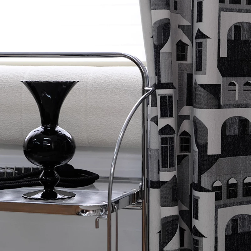 French Medieval High Precision Chenille Fun Black and White Small House Printing Curtains for Living Dining Room Bedroom Decor