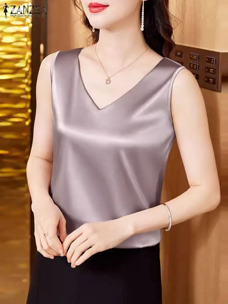 2024 ZANZEA Summer Satin Blouse Fashion Women Tanks Tops Elegant V Neck Sleeveless OL Work Shirt Casual Loose Party Blusas Mujer