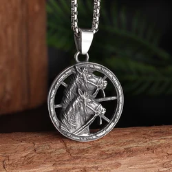 Vintage Punk Animal Double Horse Head Wheel Pendant Necklace for Men Women Fashion Charm Zodiac Keepsake Jewelry Gift