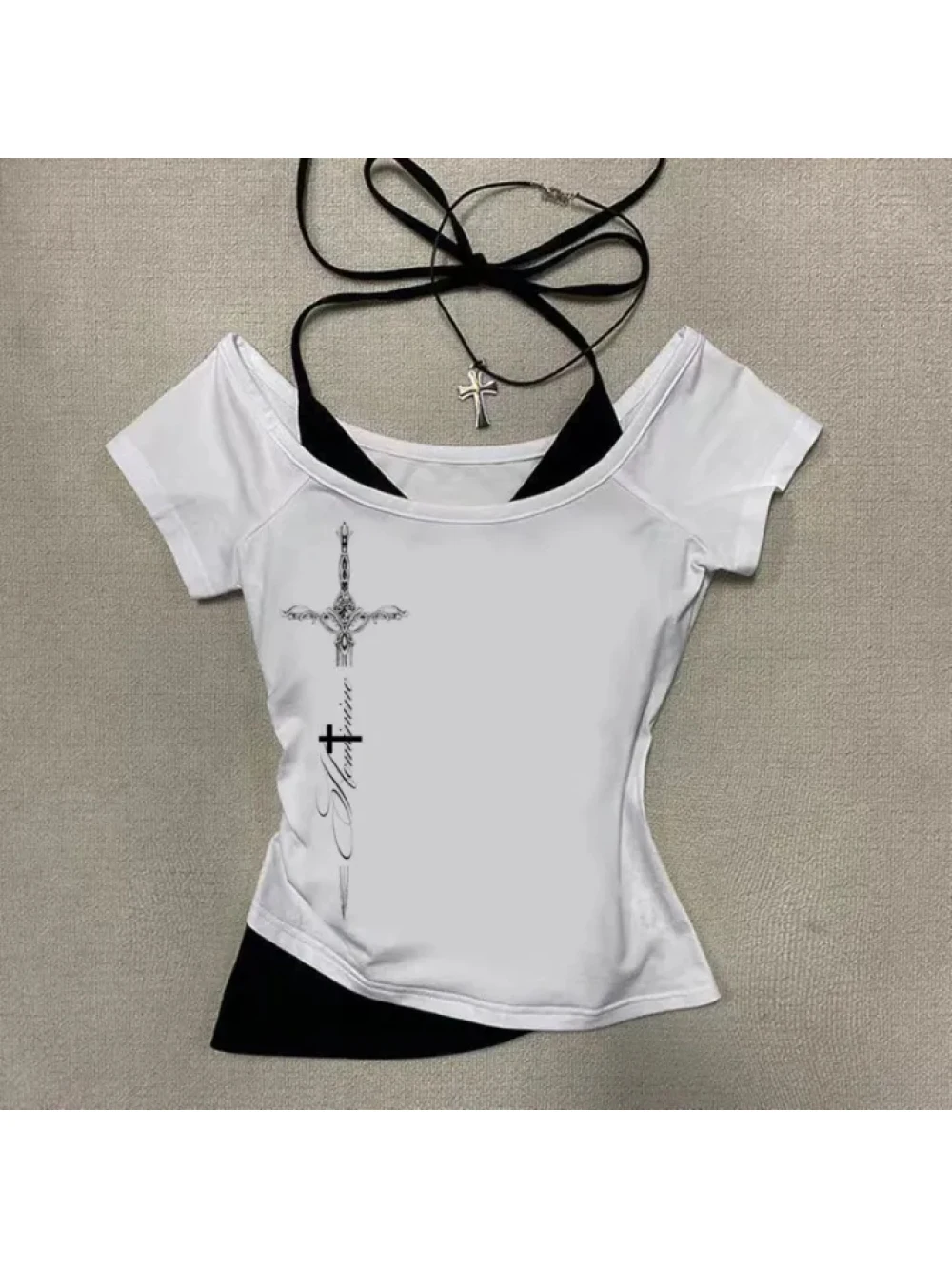 2026 New Summer Y2K Gothic Cross Sword Printed Short Sleeve Top, Fake Two Piece Neck Hanging T-shirt Punk Street Trendy Casual
