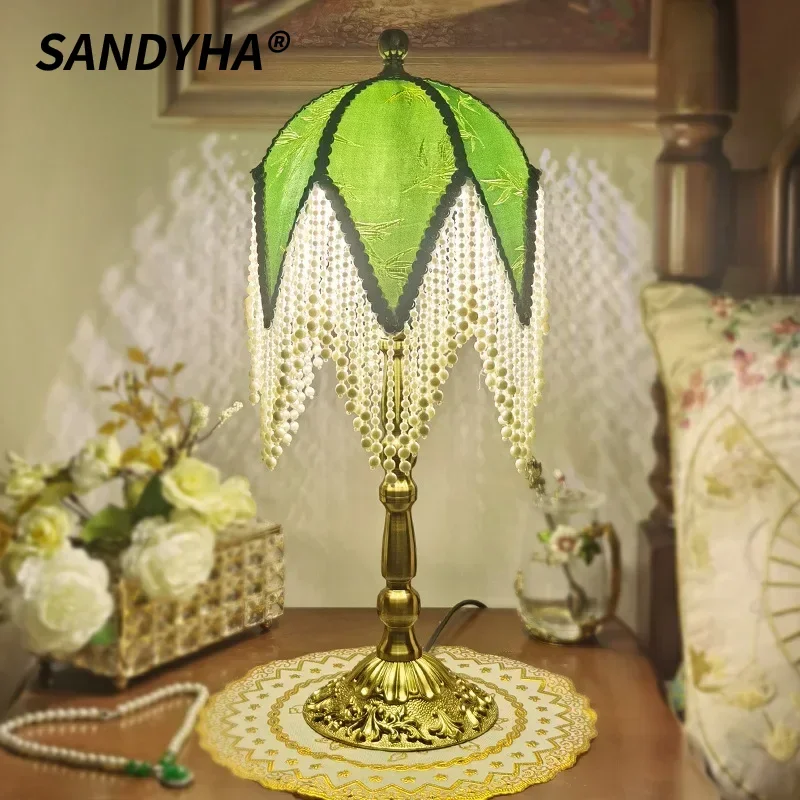 SANDYHA French Retro Tassel Floor Lamp Green Patterned Fabric Lampshade Princess Bedroom Bedside Light Living Room Decor Accent