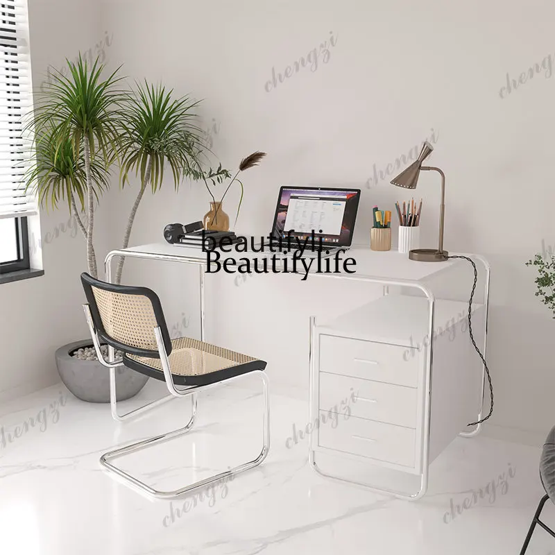 Mid-Ancient Bauhaus Desk Light Luxury Stainless Steel Desk Home Bedroom Computer Office Table with Drawer furniture living room