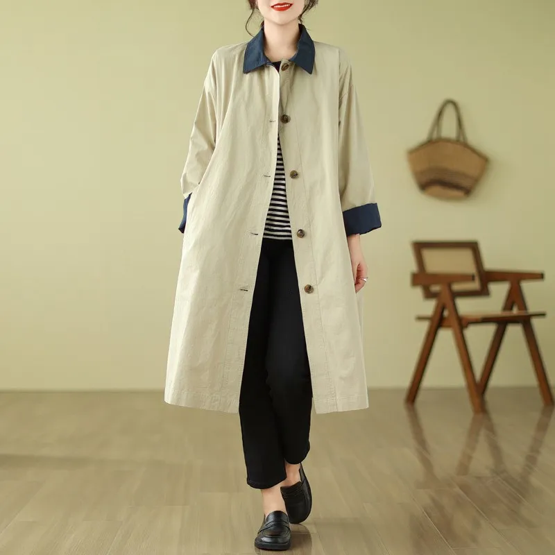 

Spring Autumn Korea Fashion Women Patchwork Turn-down Collar Single Breasted Long Coat All-matched Casual Cotton Trench P306