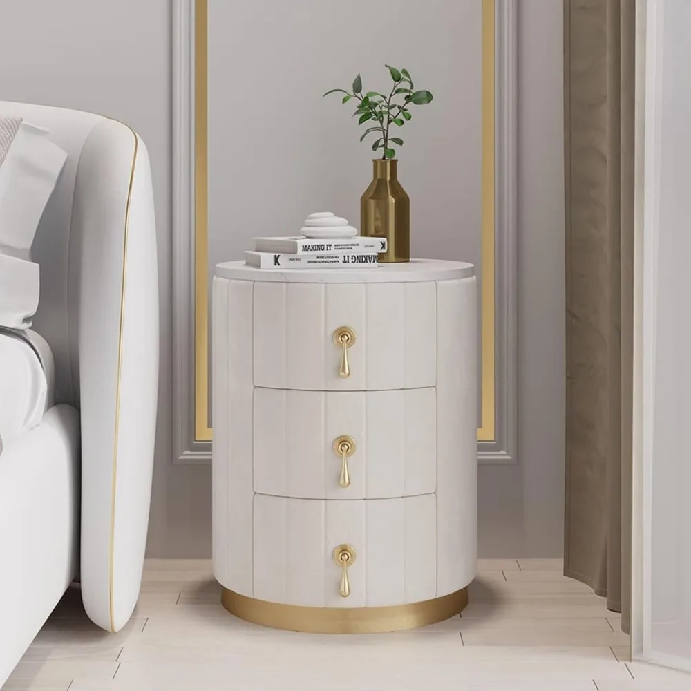 

White Velvet Nightstand with Storage, Round Bedside Table with 3 Drawers, Stone Top Night Table for Bedroom