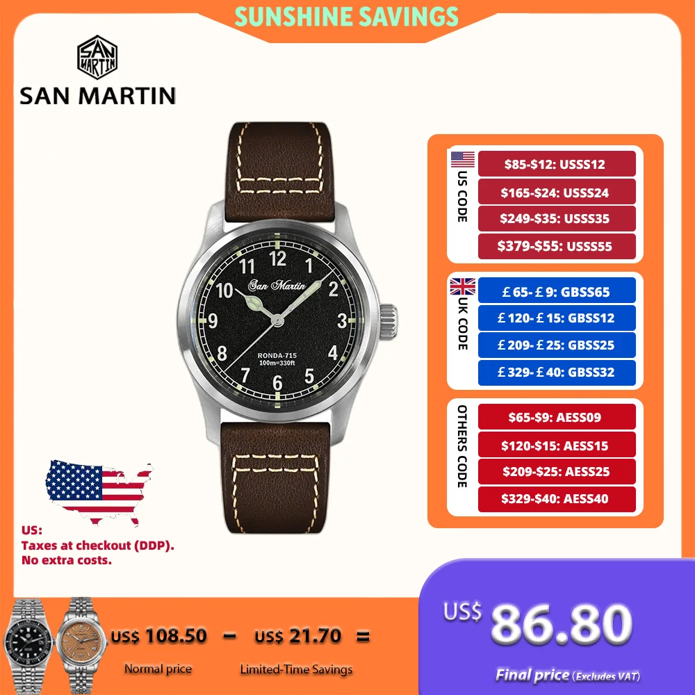 San Martin 37mm Ronda 715 reloj de cuarzo hombres Simple moda 10Bar impermeable piloto reloj de pulsera BGW-9 azul C3 verde luminoso SN0034A