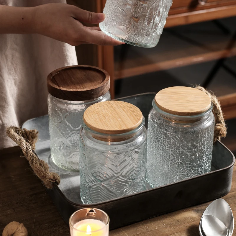 Japanese Retro Embossed Glass Sealed Jar Storage Jar Snack Dried Fruit Jar Glass Jar Kitchen Supplies Storage Jar Ornament