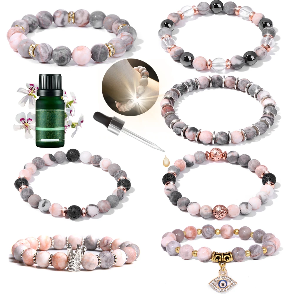 Fashion Pink Zebra Stone Bracelet For Women Men Natural Zebra Jaspers Bracelet Jewelry Male Bangles Yoga Essential Oil Diffuser