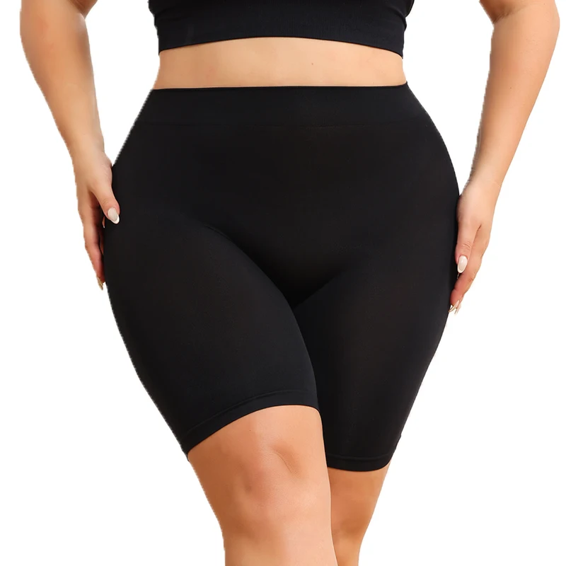 Plus-size women\'s shorts with tummy control and butt-lifting features to prevent exposure and provide safety shorts.