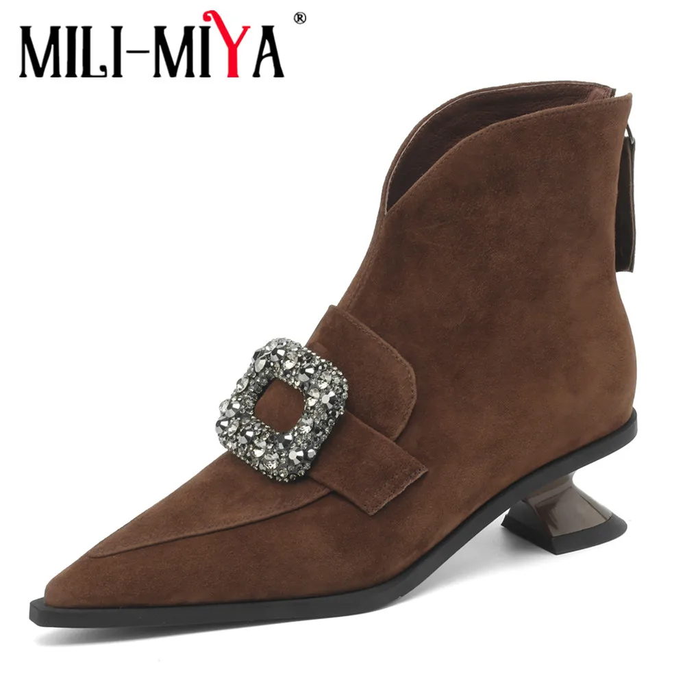 

MILI-MIYA Fashion Crystal Buckle Women Kid Suede Ankle Boots Strange Heels Pointed Toe Warm Short Plush Solid Color Winter Shoes