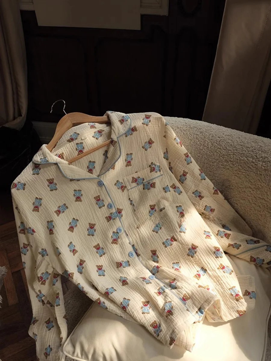 

Cute Bear Cartoon Couples Spwear Long Sve Home Clothes Set for Spring Autumn Cotton Fabric Youth Size Comfortable Fit