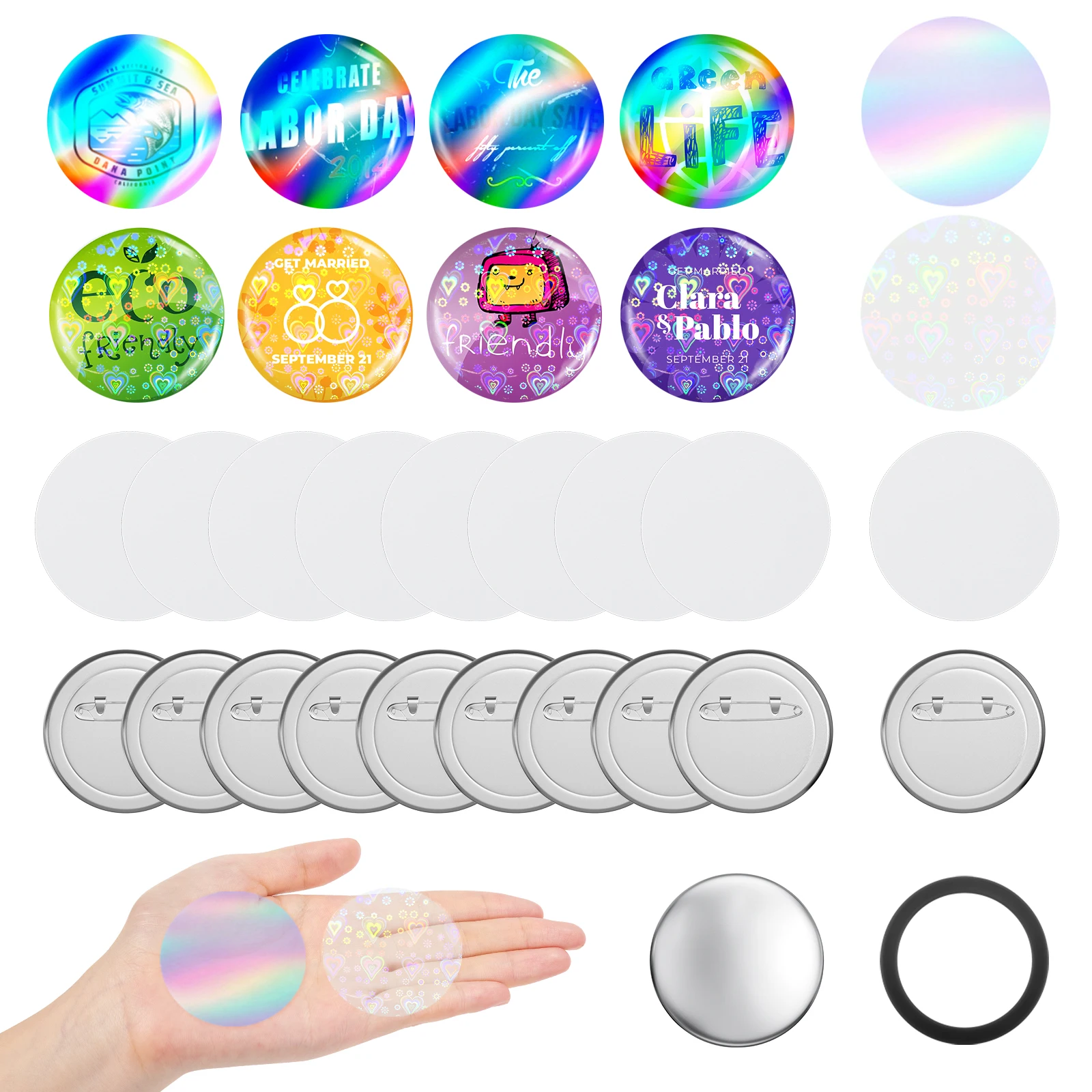 100 pezzi di componenti per badge, accessori per macchine da cucire per badge da 58 mm, accessori per la realizzazione di badge in metallo, coperture in metallo, fogli glitterati, carta bianca.
