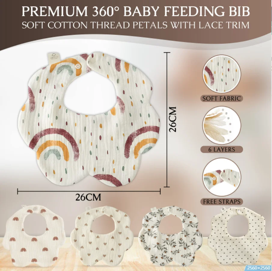 Baby Muslin Bib, Drool Bandana, Soft Adjustable 6 Layers Baby Cotton Bib For Newborn Baby Girl Boy Toddlers Infants Teething