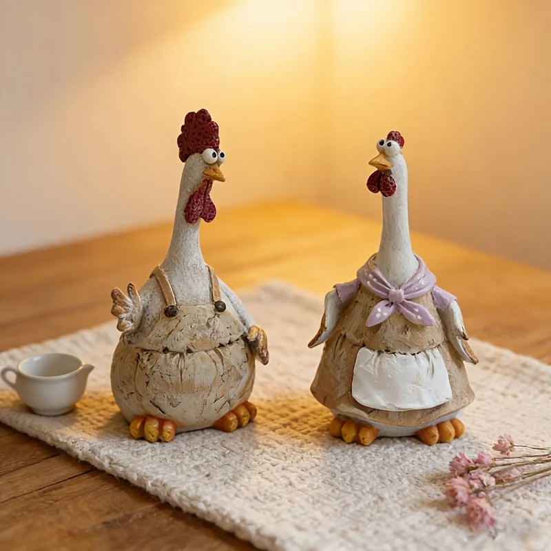 Rural style cute rooster and hen statues cartoon animal shapes fun garden decorations resin rural courtyard decorations study