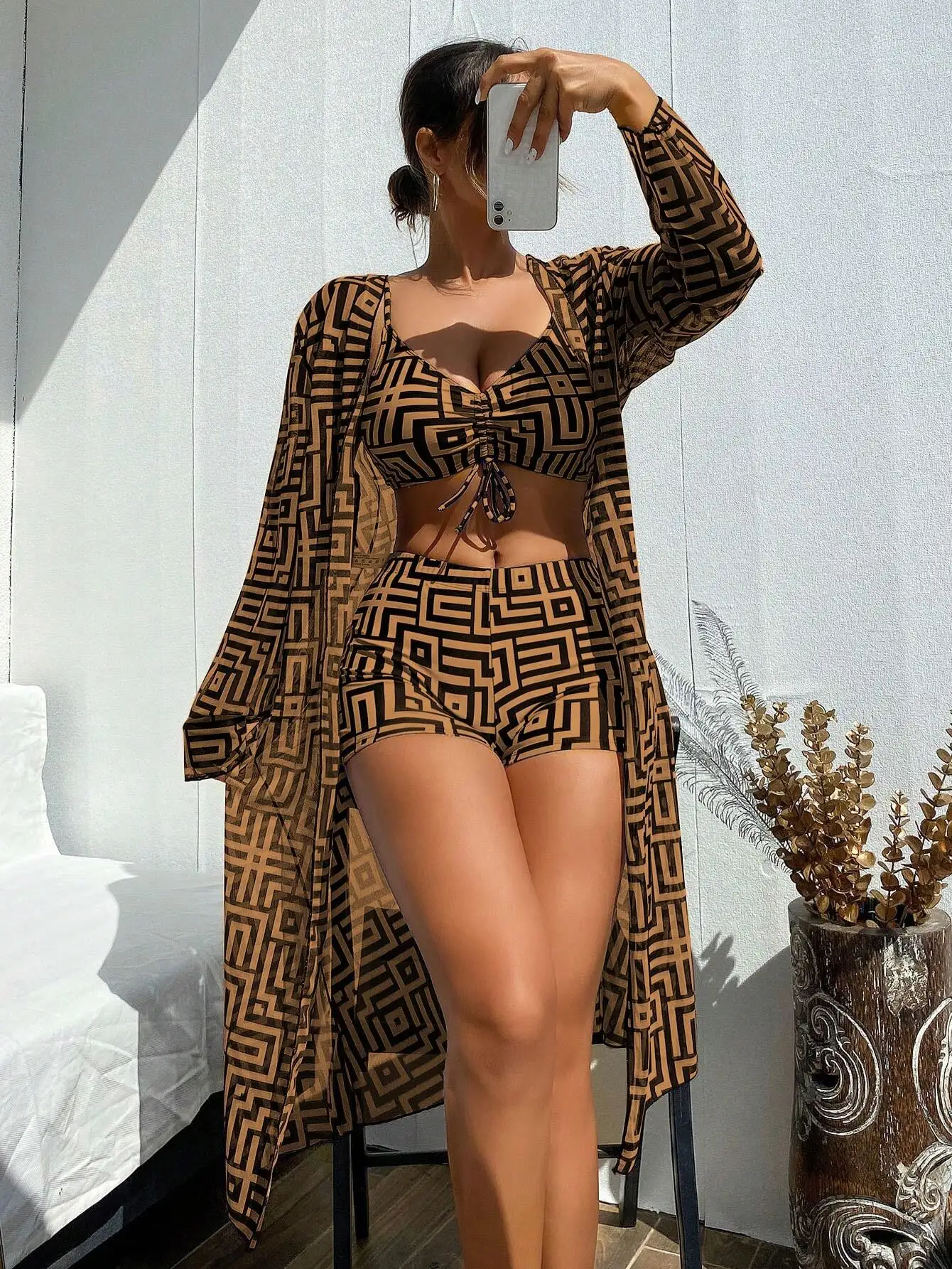 

3 Piece Women Swimsuit Set With Geometric Print Summer Beach Wear