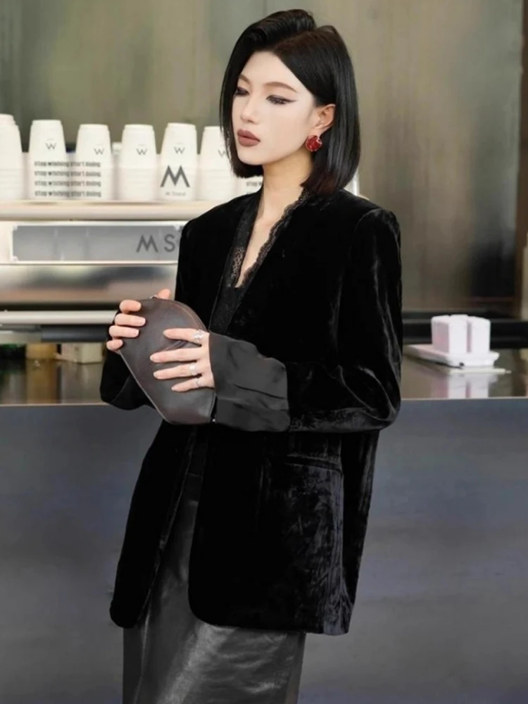 

Retro Minimalist Black Velvet Blazer Women Autumn Winter Elegant Small Fragrance Long Sleeve Top Luxury Office Work Commute Coat