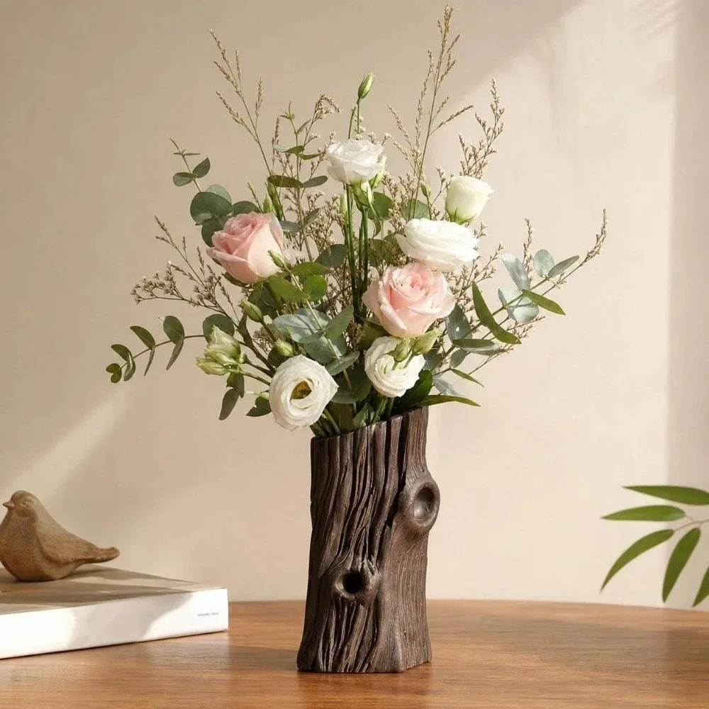 Tree Hole Shape Flower Vase 3D Printed Desktop Decor Succulent Pot Rustic Style Artificial Driftwood Planter Home Decor