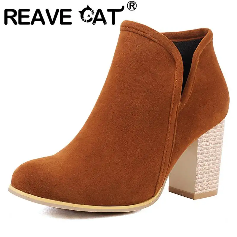 

REAVE CAT Women Ankle Boots 8cm Shaft Round Toe Chunky Heel 7.5cm Flock Suede Plus Size 43 Zipper Office Lady Shoes Retro S4238