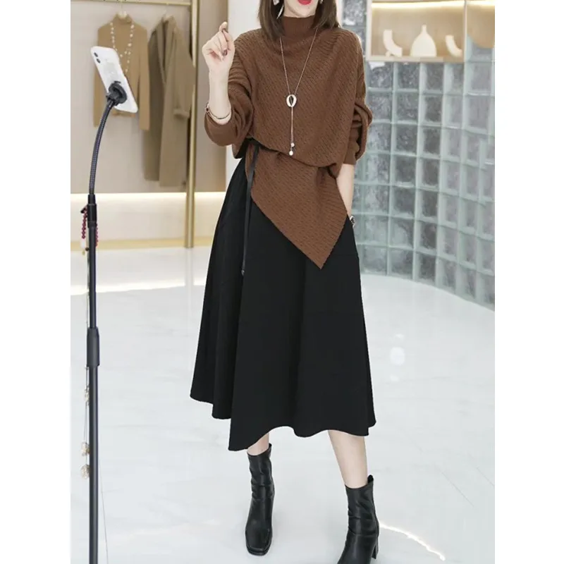 

Faionable Knitted Batwing Sve Set Loose Fit Slimming Mid-Length Skirt Comfortable Polyester Blend Autumn New Arrival