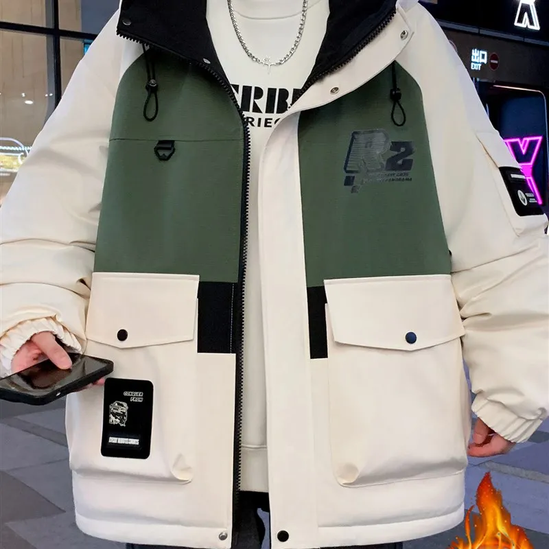 

Thiened Fce Autumn Winter Jaet for Boys High School Students Youth Faionable Cotton Coat with Hood Casual Sle