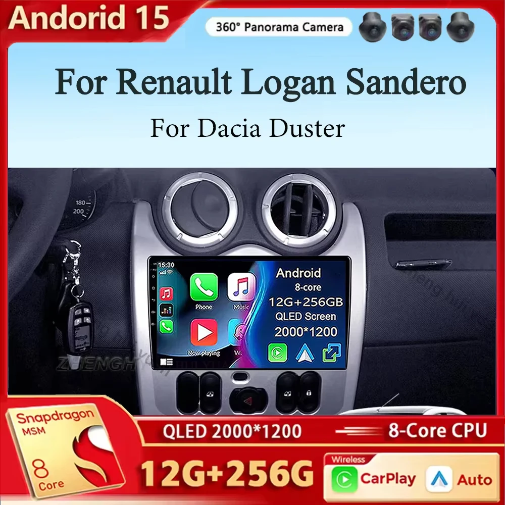 Android 15 Carplay Auto para Renault Logan Sandero para Dacia Duster 2009 - 2017 Radio de coche reproductor Multimedia GPS estéreo 2din cabeza