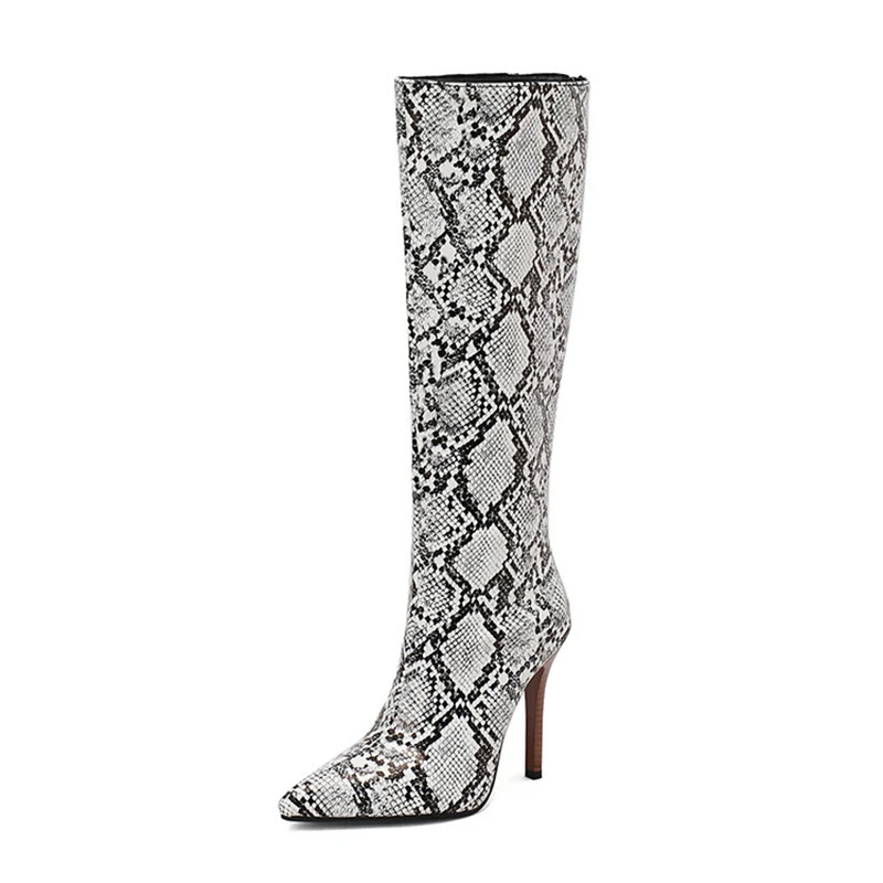 2024 White Snake Print Leather Knee High Boots Thin Heel Zipper Sexy Party Shoe Pointy Toe Thigh High Woman Long Boot Size 34-43