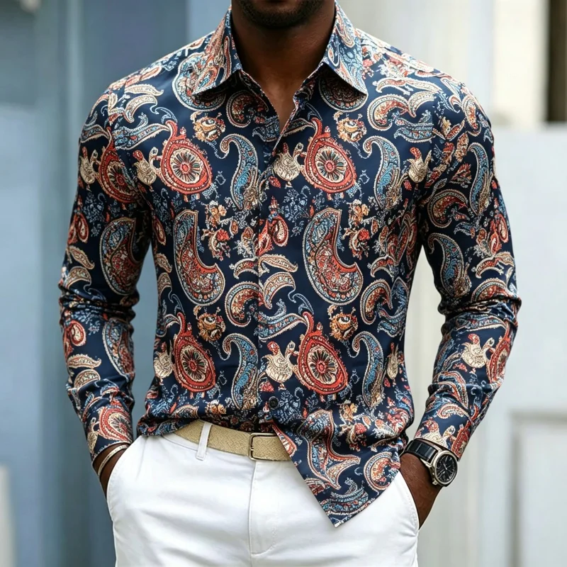 Men's Shirt Long Sleeve Spring Autumn Classic Paisley Ethnic Swirl Print Lapel Button‑Up Street Business Top Mens Clothing