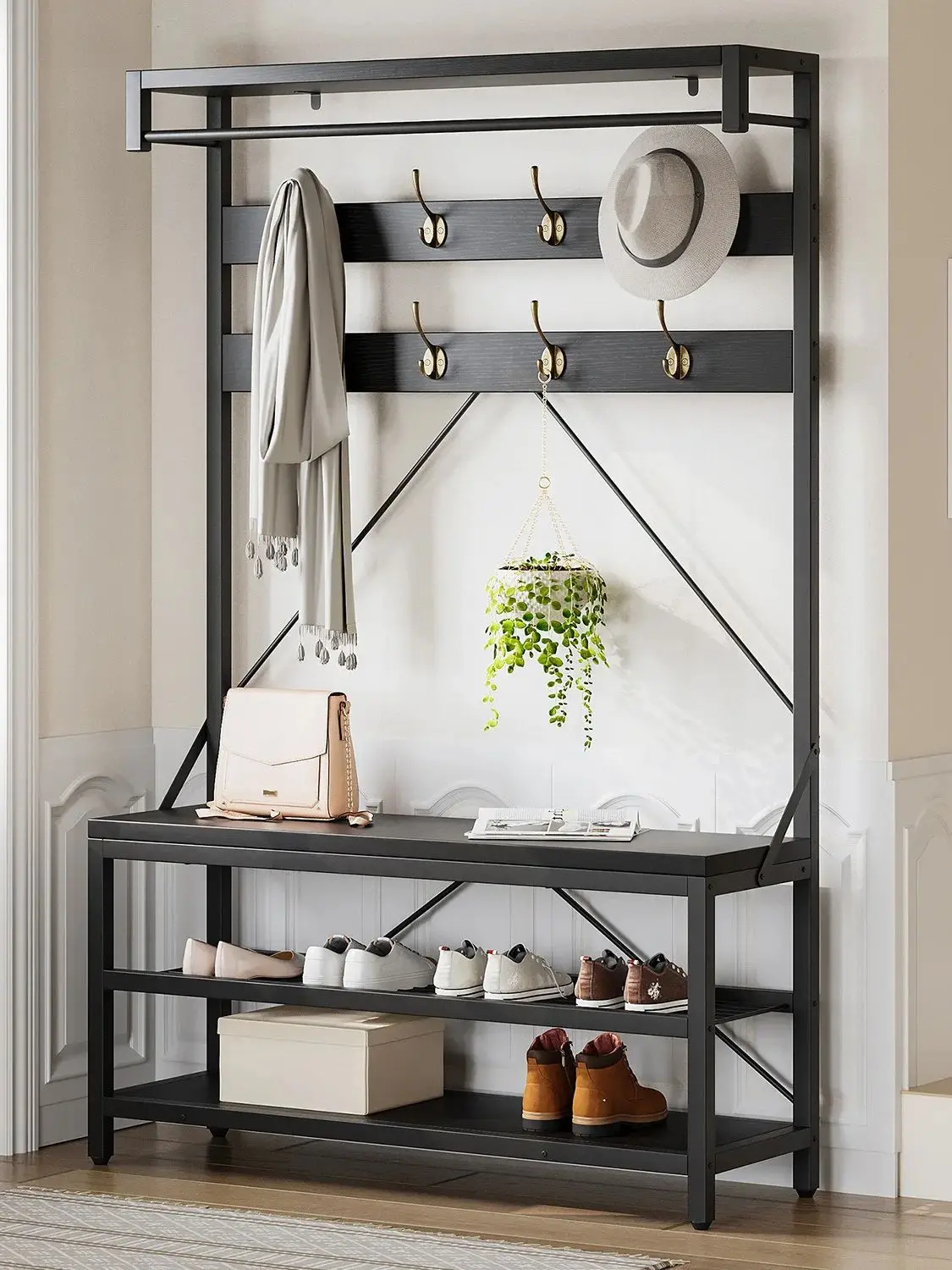 Industrieller Garderobenständer mit Schuhwechselbank, 2-stufiger Schuhablage, Haken, Kleiderstange, Metallrahmen für Flur, Garderobe, Schlafzimmer