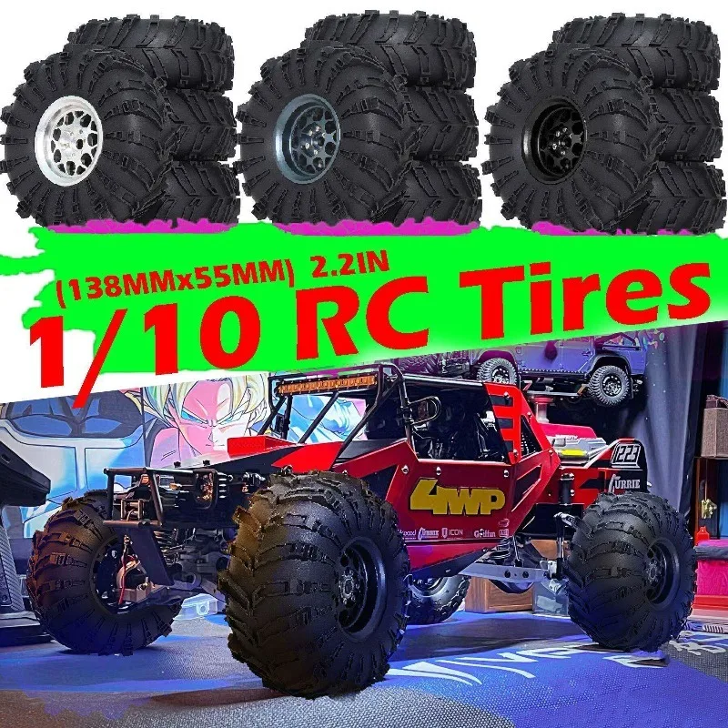 2.2" Beadlock Wheel Rim Tire Set 4pcs 138mm - Ultimate Upgrade for 1/10 RC Crawler Cars like Axial SCX10, Wraith, Trxs