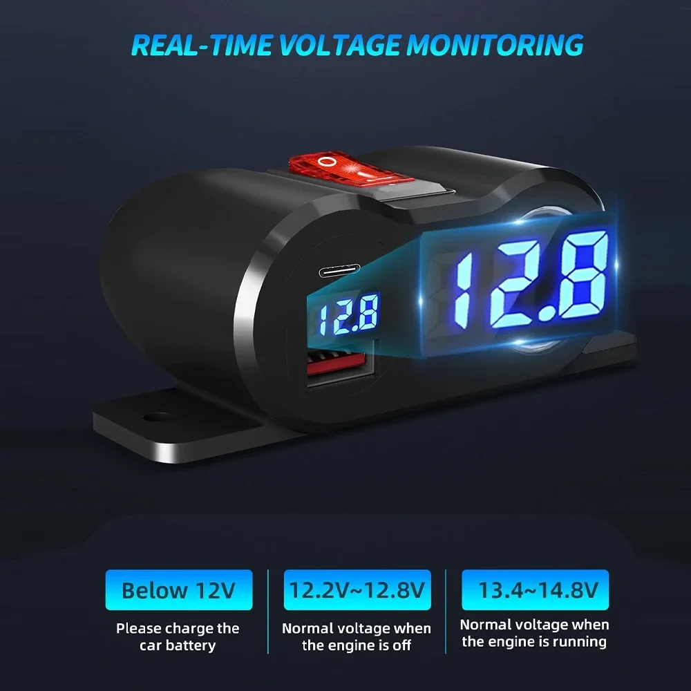 المزدوج QC3.0 PD3.0 ولاعة السجائر المقبس الفاصل مع عرض الفولتميتر 12 فولت شاحن سيارة محول الطاقة للدراجات النارية البحرية RV