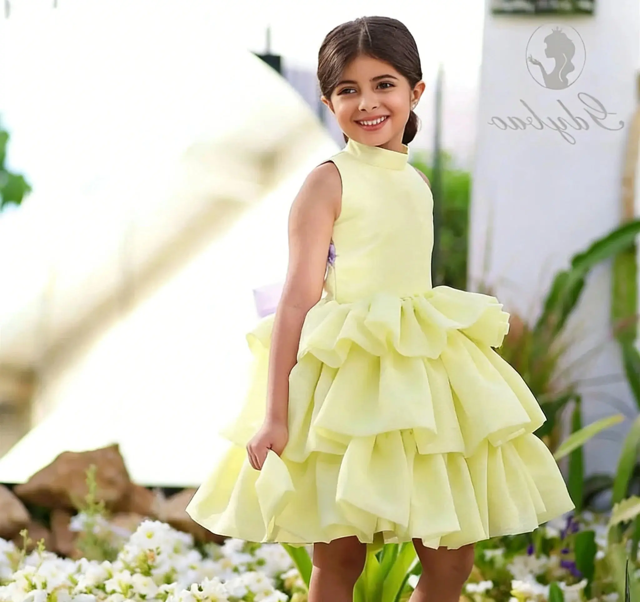 

Customize Flower Girl Dress For Wedding O Neck Sleeveless A Line Pleat Knee Lenght Kids Birthday Party First Communion Ball Gown